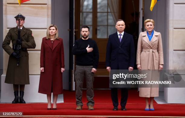 Polish President Andrzej Duda and his wife Agata Kornhauser-Duda together with Ukrainian President Volodymyr Zelensky and his wife Olena Zelenska...