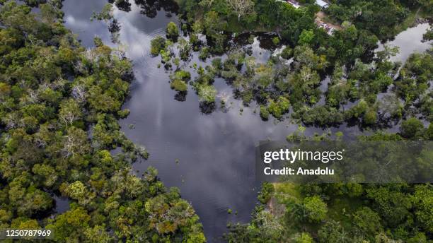 An aerial view of Amazon River at the Amazon rainforest, in Leticia, Colombia on April 1, 2023. Amazon rainforest is one of the worldâs most...