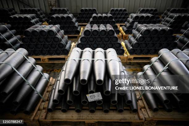 This photograph on April 4 shows shells at the workshop of the "Forges de Tarbes" which produces 155mm shells, the munition for French Caesar...