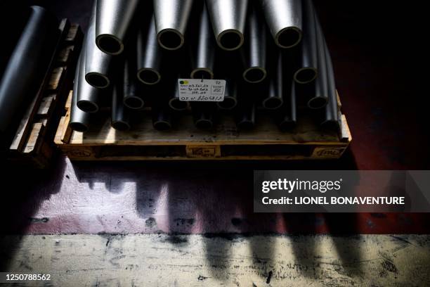 This photograph on April 4 shows shells at the workshop of the "Forges de Tarbes" which produces 155mm shells, the munition for French Caesar...