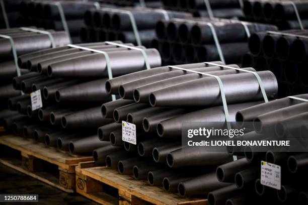 This photograph on April 4 shows shells at the workshop of the "Forges de Tarbes" which produces 155mm shells, the munition for French Caesar...