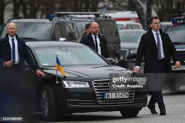 Ukraine's President Volodymyr Zelenskyy and First Lady Olena Zelenska leaves Hotel Bristol escorted by security ahead of the official welcoming...