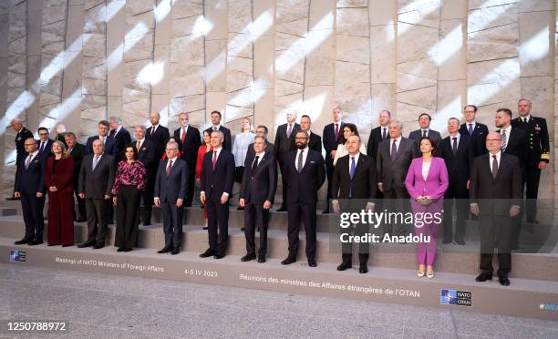 Participants pose for a family photo as part of the NATO Foreign Ministers Meeting in Brussels, Belgium on April 05, 2024. Turkish Foreign Minister...