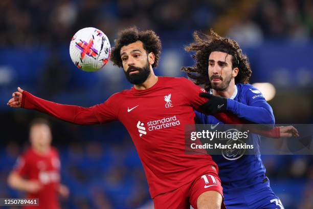 Mohamed Salah of Liverpool in action with Marc Cucurella of Chelsea during the Premier League match between Chelsea FC and Liverpool FC at Stamford...