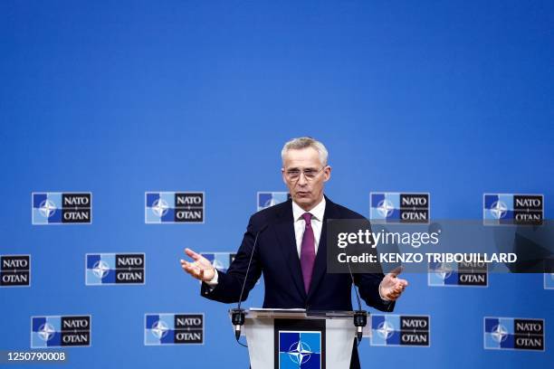 Secretary General Jens Stoltenberg speaks during a press conference at the end of a two-day meeting of North Atlantic Council Ministers of Foreign...