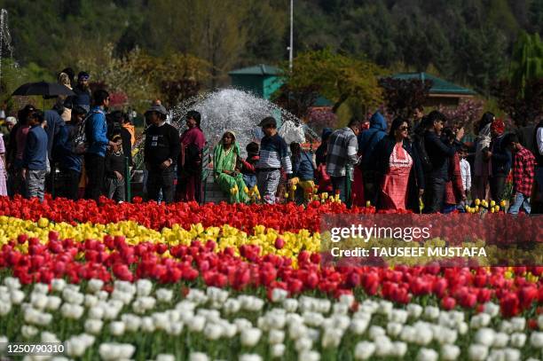 Tourists visit the Tulip Garden that is claimed to be Asia's largest, in Srinagar on April 5, 2023.