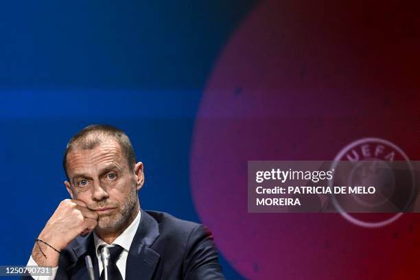 Re-elected UEFA's president Aleksander Ceferin attends a press conference after the 47th UEFA Congress held in Lisbon on April 5, 2023.