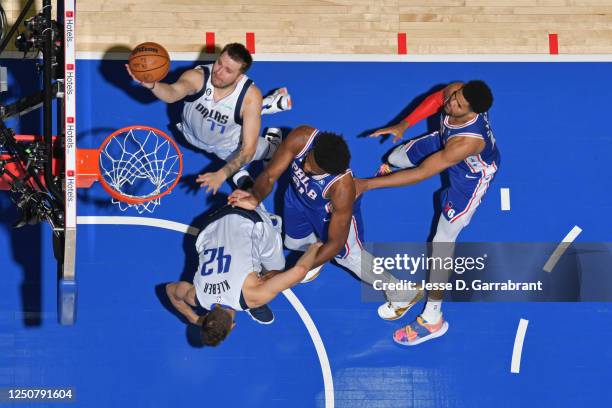 Luka Doncic of the Dallas Mavericks drives to the basket against the Philadelphia 76ers on March 29, 2023 at the Wells Fargo Center in Philadelphia,...