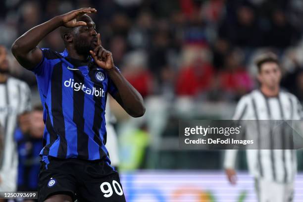 Romelu Lukaku of FC Internazionale celebrates after scoring his team's first goal during the Coppa Italia Semi Final match between Juventus FC and FC...