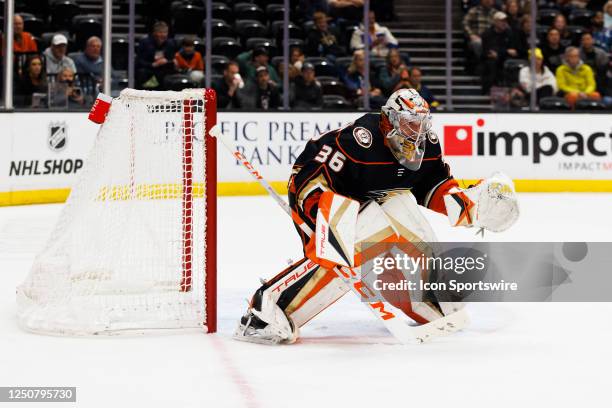 Anaheim Ducks goaltender John Gibson in net during an NHL hockey game between the Colorado Avalanche and the Anaheim Ducks on March 27, 2023 at the...