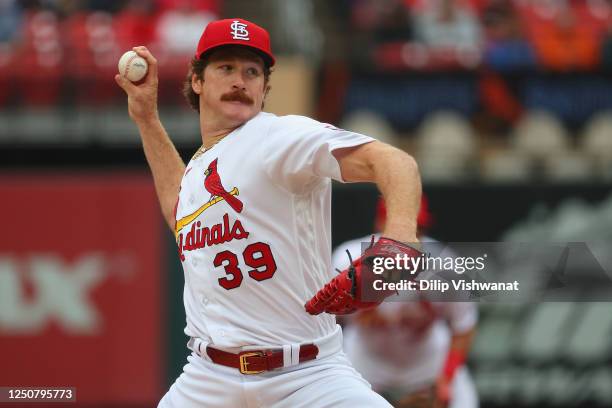 Miles Mikolas of the St. Louis Cardinals delivers a pitch against the Atlanta Braves in the first inning at Busch Stadium on April 5, 2023 in St...