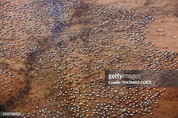 Aerial view of a sudanese refugee camp in Eastern Chad near the village of Iridimi taken 29 June 2004. Sudan's rebels attack people living in the...