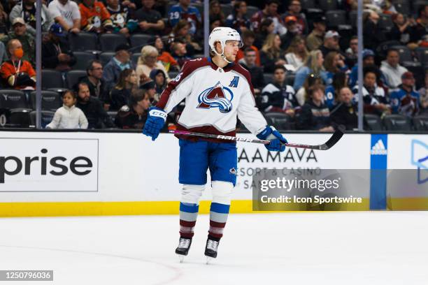 Colorado Avalanche right wing Mikko Rantanen skates during an NHL hockey game between the Colorado Avalanche and the Anaheim Ducks on March 27, 2023...