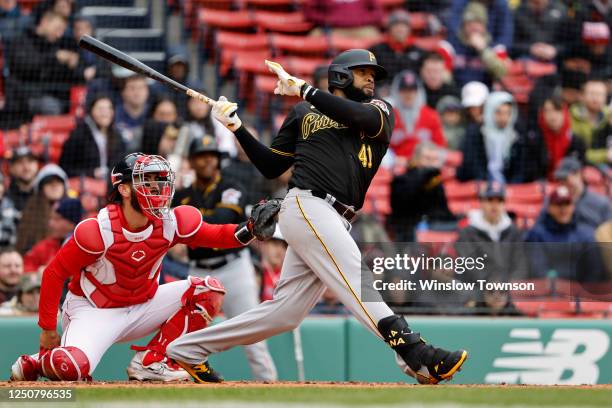 Carlos Santana of the Pittsburgh Pirates hits a home run at bat during the fourth inning at Fenway Park on April 5, 2023 in Boston, Massachusetts.