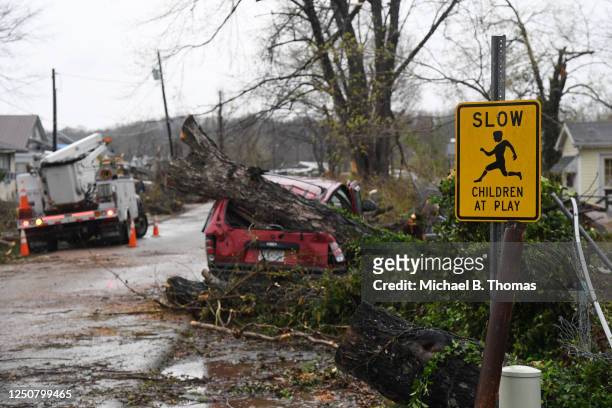 View of damage as residents clean up after a tornado touched down in the area on April 5, 2023 in Glenallen, Missouri. At least four people have...