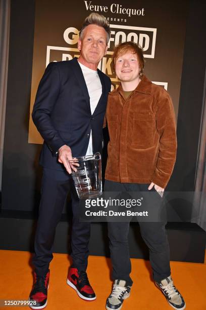 Gordon Ramsay, winner of the Lifetime Achievement award, and Ed Sheeran attend the GQ Food & Drink Awards 2023 at the St Pancras Renaissance Hotel on...