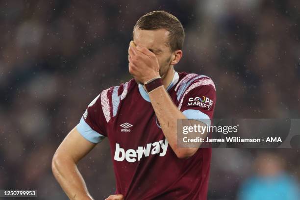 Tomas Soucek of West Ham United reacts as his side go down 0-2 during the Premier League match between West Ham United and Newcastle United at London...