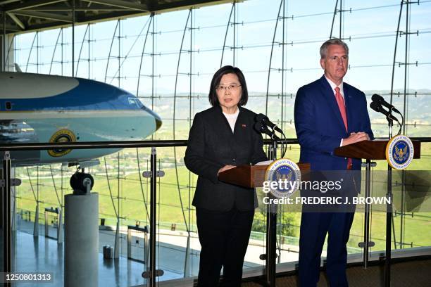 Speaker of the House Kevin McCarthy and Taiwanese President Tsai Ing-wen speak to the press after a bipartisan meeting at the Ronald Reagan...