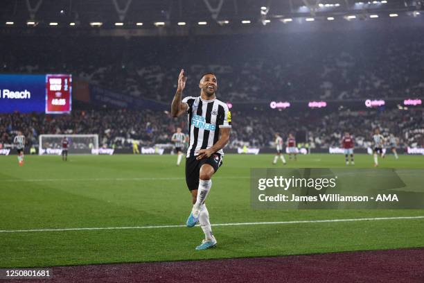 Callum Wilson of Newcastle United celebrates after scoring a goal to make it 1-3 during the Premier League match between West Ham United and...