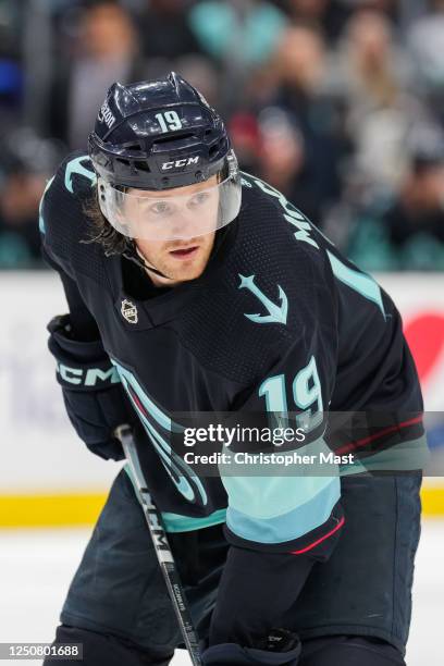 Jared McCann of the Seattle Kraken waits for a face-off during the second period of a game against the Anaheim Ducks at Climate Pledge Arena on March...