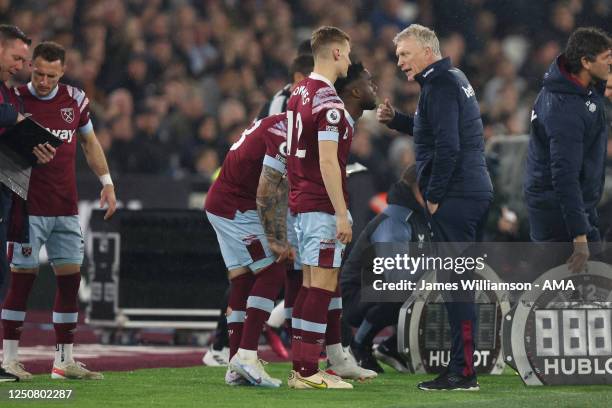 David Moyes the head coach / manager of West Ham United brings on multiple substitutes whilst being 1-3 down during the Premier League match between...