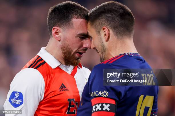 Orkun Kokcu of Feyenoord Rotterdam and Dusan Tadic of AFC Ajax in a fight during the Dutch KNVB Beker match between Feyenoord and AFC Ajax at Stadion...