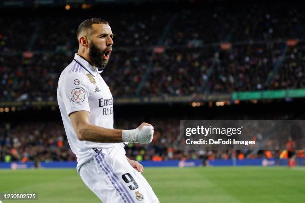 Karim Benzema of Real Madrid celebrates after scoring a goal, during the semi finals of the Spanish Kings Cup Copa del Rey match between FC Barcelona...