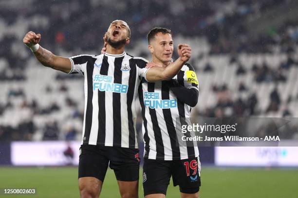 Joelinton of Newcastle United celebrates after scoring a goal to make it 1-5 during the Premier League match between West Ham United and Newcastle...
