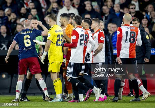 Davy Klaassen of Ajax was hit by a lighter during the Semifinal of the TOTO KNVB Cup match between Feyenoord and Ajax at Feyenoord Stadion de Kuip on...