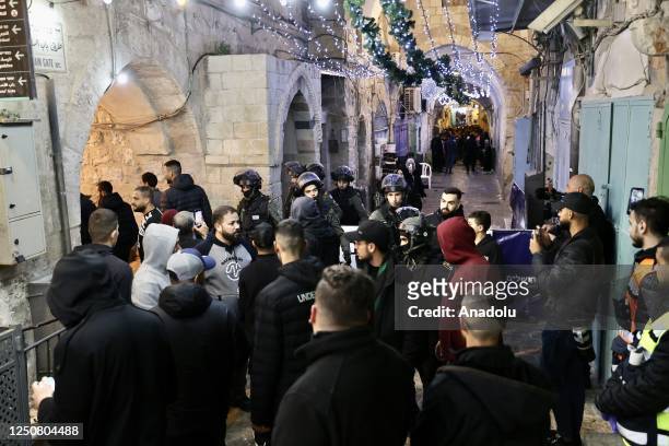 Israeli police force people out of the Chain Gate as they raid Masjid al-Aqsa in Jerusalem on April 05, 2023.