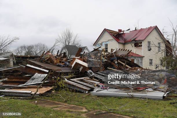 Debris and wreckage is seen after a tornado touched down in the area on April 5, 2023 in Glenallen, Missouri. At least four people have reportedly...