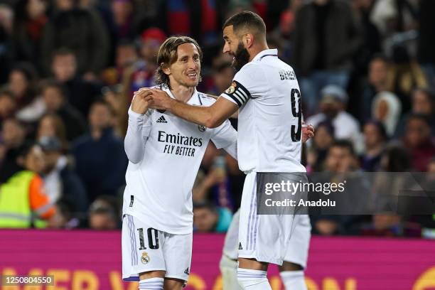 Real Madrid's forward Benzema celebrates his goal during the Kings Cup semifinal second leg one match between FC Barcelona vs Real Madrid at at the...