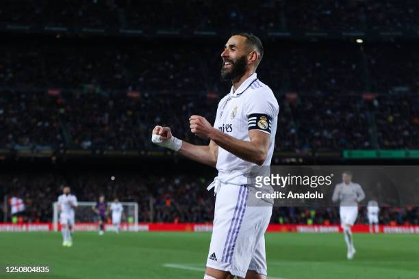 Real Madrid's forward Benzema celebrates his goal during the Kings Cup semifinal second leg one match between FC Barcelona vs Real Madrid at at the...