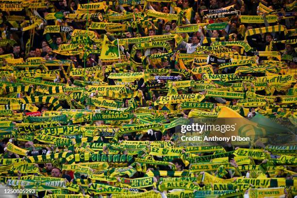 Fans of Nantes during the French Cup, semi final match between Nantes and Lyon at Stade de la Beaujoire on April 5, 2023 in Nantes, France.