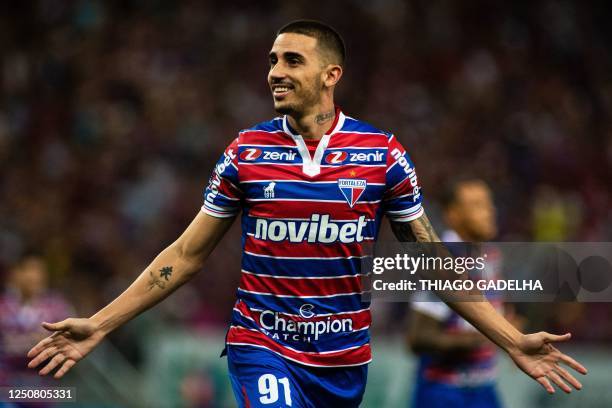 Fortaleza's forward Thiago Galhardo celebrates after scoring against Palestino during the Copa Sudamericana group stage first leg football match...