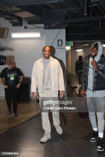 DeMar DeRozan of the Chicago Bulls arrives to the arena before the game against the Milwaukee Bucks on April 5, 2023 at the Fiserv Forum Center in...