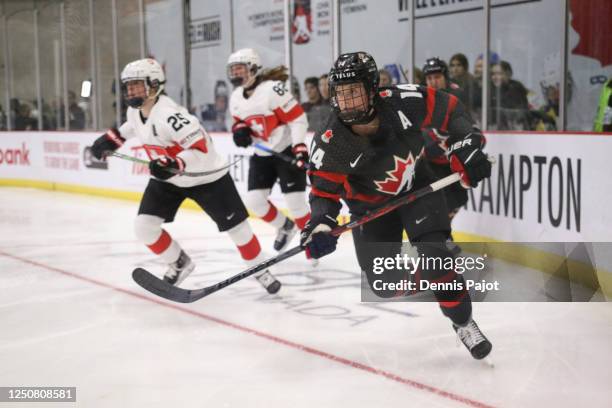 Defender Renata Fast of Canada moves the puck against Switzerland during the 2023 IIHF Women's World Championship at CAA Centre on April 05, 2023 in...