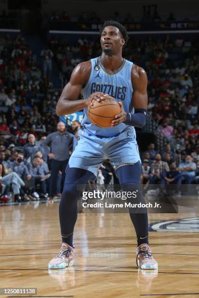 Jaren Jackson Jr. #13 of the Memphis Grizzlies shoots a free throw during the game on April 5, 2023 at the Smoothie King Center in New Orleans,...