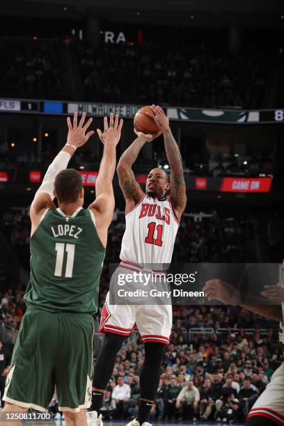DeMar DeRozan of the Chicago Bulls shoots the ball during the game against the Milwaukee Bucks on April 5, 2023 at the Fiserv Forum Center in...