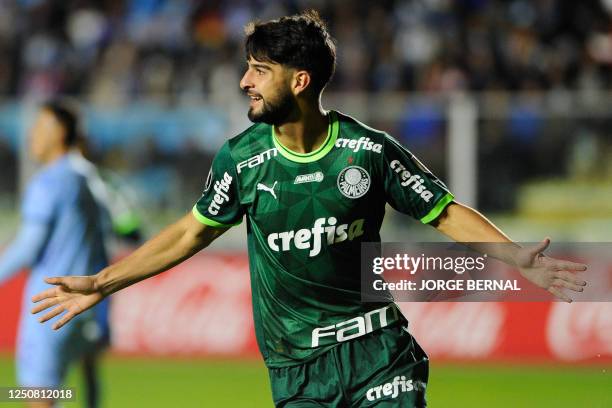 Palmeiras' Argentine midfielder Jose Manuel Lopez celebrates after scoring a goal during the Copa Libertadores group stage first leg football match...