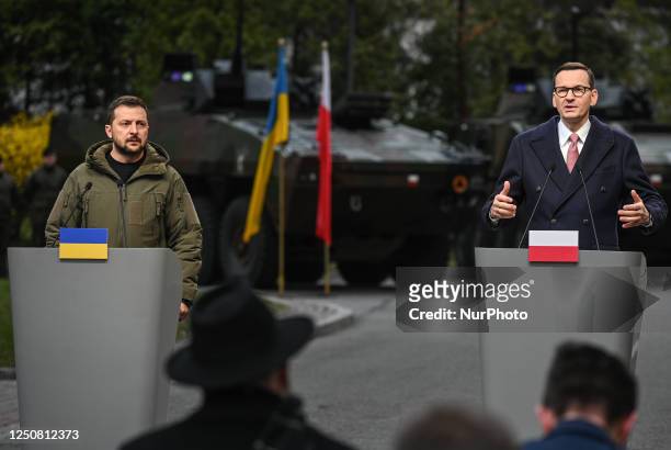 President of Ukraine Volodymyr Zelenskyy and Polish Prime Minister Mateusz Morawiecki during the press conference, on April 05 in Warsaw, Poland....