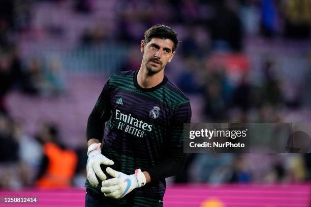 Thibaut Courtois goalkeeper of Real Madrid and Belgium during the warm-up before the Copa del Rey semi final second leg match between FC Barcelona...