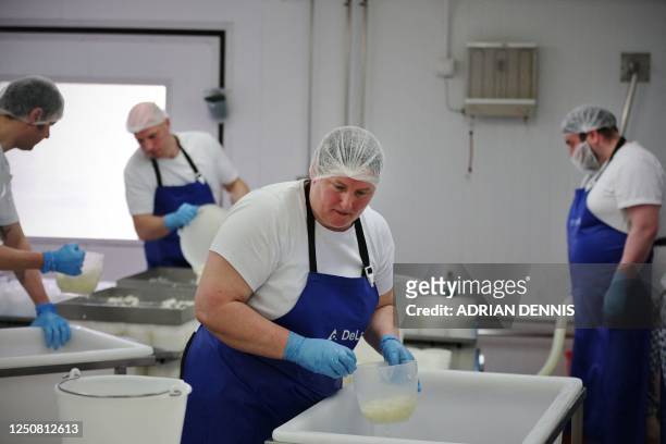 Production Manager and cheesemaker Charlotte Spruce scoops curds from a container to pour into moulds to make Tunworth cheese in the production room...