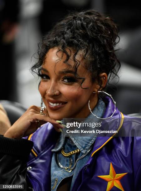 Tinashe attends the Los Angeles Lakers and Los Angeles Clippers game at Crypto.com Arena on April 5, 2023 in Los Angeles, California.