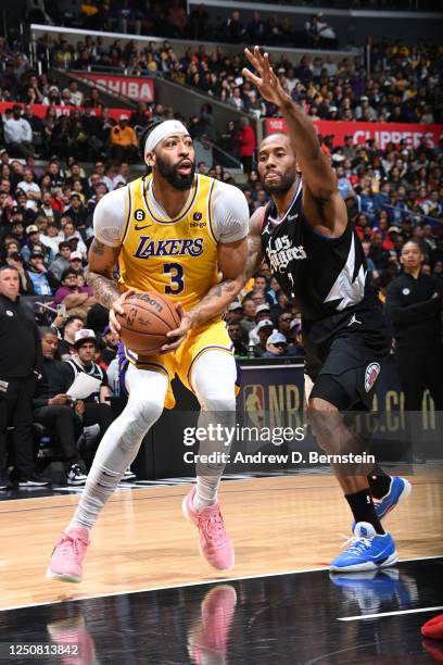 Anthony Davis of the Los Angeles Lakers handles the ball during the game against the LA Clippers on April 5, 2023 at Crypto.Com Arena in Los Angeles,...