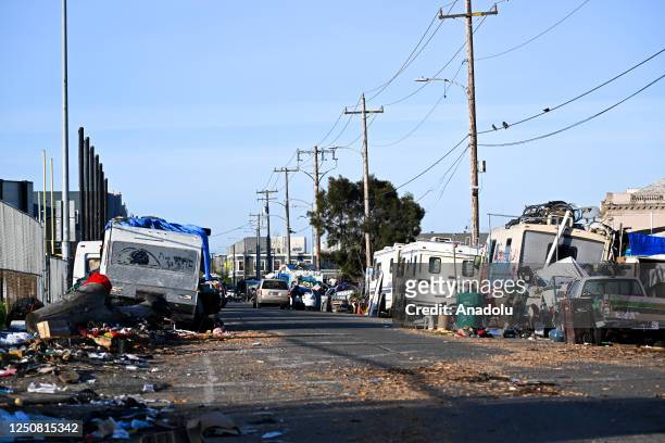 View of homeless encampment on a street in West Oakland, California, United States on April 5, 2023.