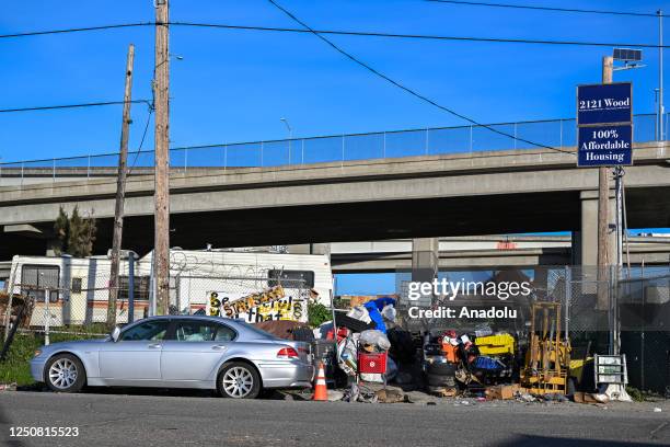 Affordable Housing" sign on a massive homeless encampment in West Oakland, California, United States on April 5, 2023.