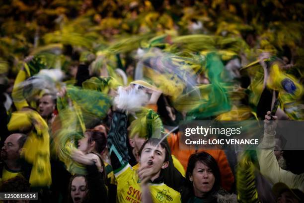 Nantes' supporters cheer during the French Cup semi-final football match FC Nantes vs Lyon at the Beaujoire stadium in Nantes, on April 5, 2023.