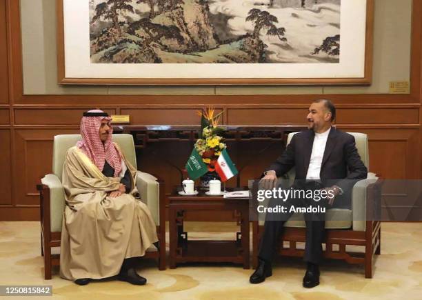 Iranian Minister of Foreign Affairs, Hossein Amir-Abdollahian meets Saudi Arabia's Foreign Minister Faisal bin Farhan Al Saud in Beijing, China on...