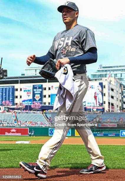 April 05: Washington Nationals starting pitcher Patrick Corbin walks to the dugout after warming up prior to the Tampa Bay Rays versus the Washington...